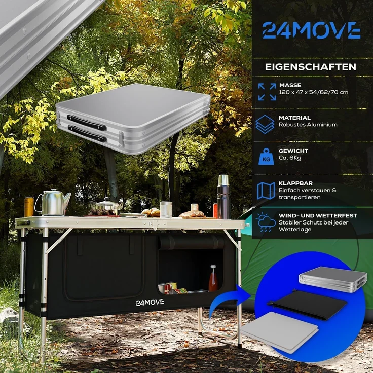 24Move Campingschrank Campingküche PRAIA Outdoorküche Alu (faltbar, höhenverstellbar, tragbar) mit Arbeitsplatte und Staufächern – Bild 4