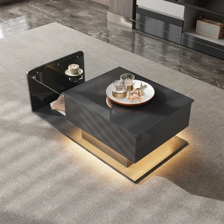 BlingBin Couchtisch (1-St, Höhenverstellbarer Couchtisch mit Ausziehbarer Ablage und Stauraum), LED-Beleuchtung für Ihr Wohnzimmer, 100×50×33CM – Bild 2