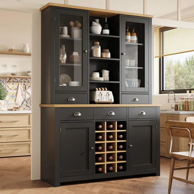 Merax Mehrzweck-Hochschrank für Zuhause mit Kippschutz, Standschrank für Küche und Wohnzimmer mit Glastür, Metallgriffen und Soft-Close-Funktion, herausnehmbares Weinregal, Schwarz