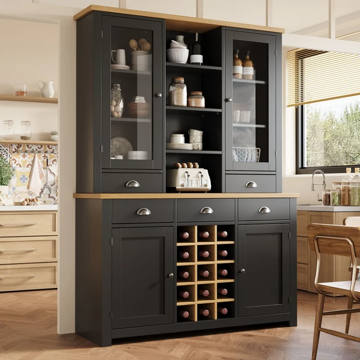 Merax Mehrzweck-Hochschrank für Zuhause mit Kippschutz, Standschrank für Küche und Wohnzimmer mit Glastür, Metallgriffen und Soft-Close-Funktion, herausnehmbares Weinregal, Schwarz – Bild 1