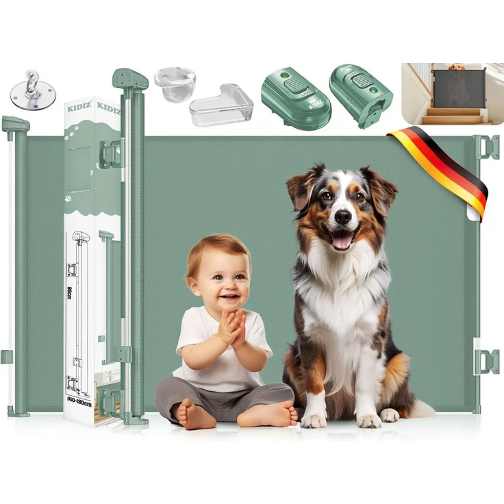 KIDIZ® Treppenschutzgitter Türschutzgitter ausziehbar bis 140/180cm | kindersicheres Treppengitter für Babys & Haustiere | Schutzgitter Treppen & Türen Absperrgitter inkl. Bodenanker & Montagezubehör Dunkelgrün, 0-140cm
