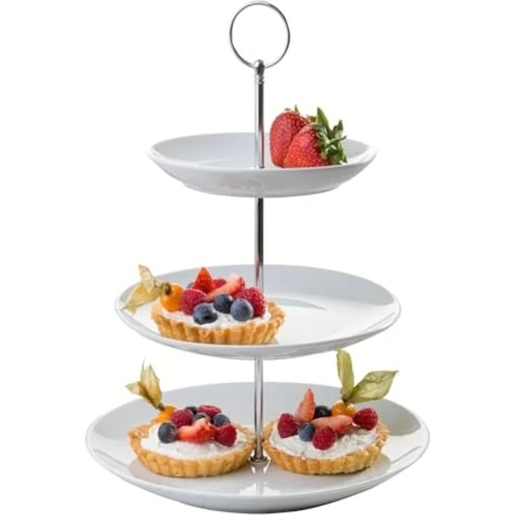 Home4You Etagere Servier-Ständer, Höhe 37 cm, 3 Etagen, weiß, Porzellan, (1-tlg), Ø 26 cm, für Obst, Süßigkeiten, Kuchen, Desserts – Bild 1
