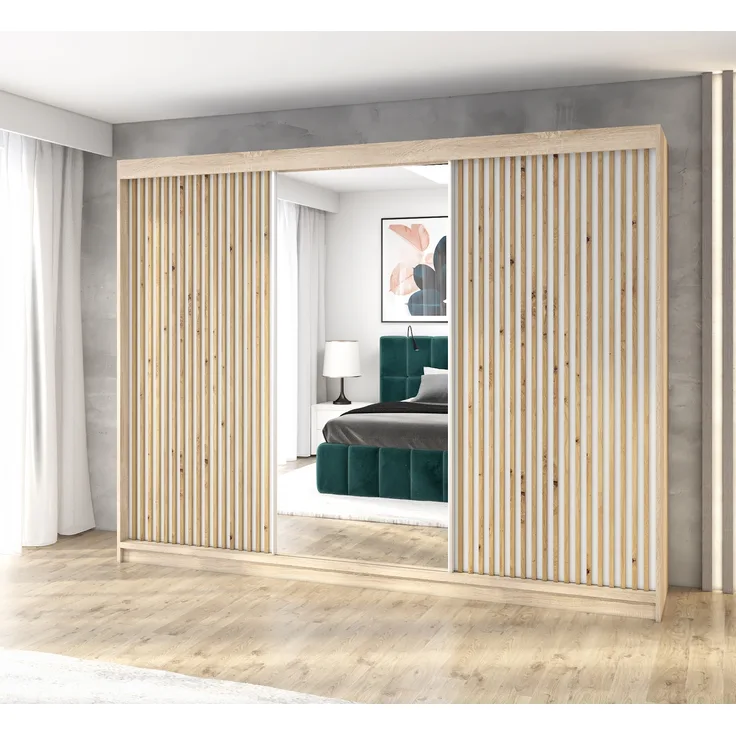 A&J MöbelLand Schwebetürenschrank FARA 200 cm, mit 4 Schubladen, Spiegel, 3D Lamellen