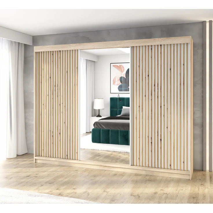 A&J MöbelLand Schwebetürenschrank FARA 200 cm, mit 4 Schubladen, Spiegel, 3D Lamellen – Bild 1