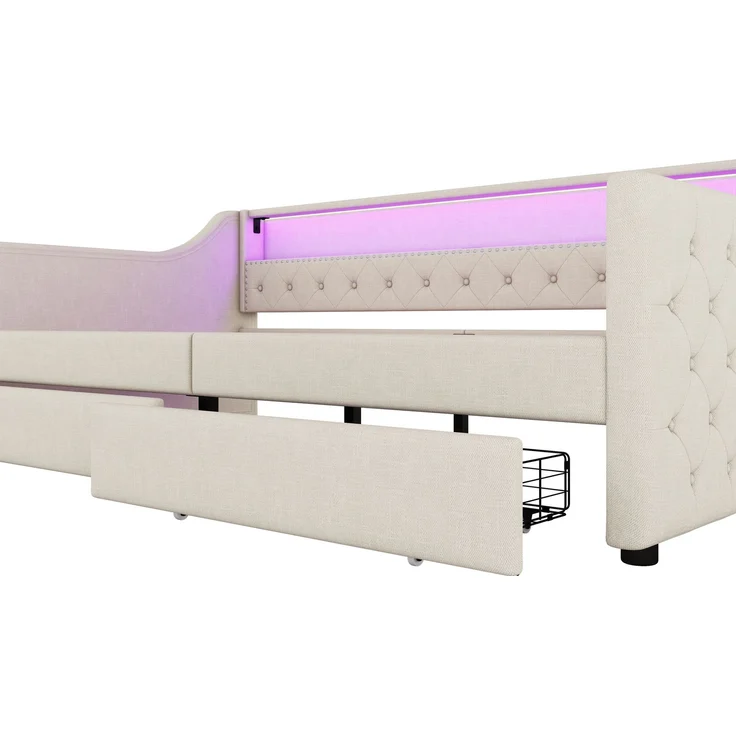 Bett 90x200 cm aus Leinen mit LED-Ambiente und Stauraum – Bild 10