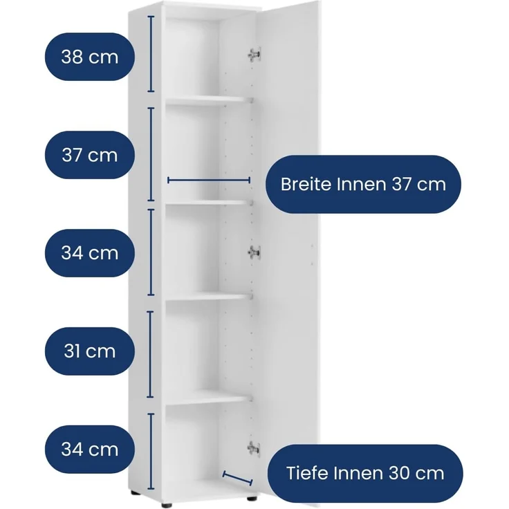 Home Collective Mehrzweckschrank Schmaler 40 cm breit mit 1 Tür & 4 Einlegeböden (Universalschrank Haushaltsschrank für Haushalt, Flur, Büro oder Schlafzimmer) 40x35x184 cm (BxTxH), Weiß – Bild 3