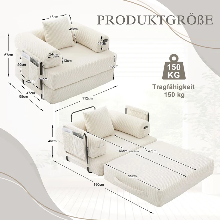 LVHOM 3-in-1 Schlafsessel, Klappsofa mit Schlaffunktion, Einzelschlafsofa mit Seitentaschen und Kissen, Polstersofa aus Cordstoff, frei Kombination, Beige – Bild 7