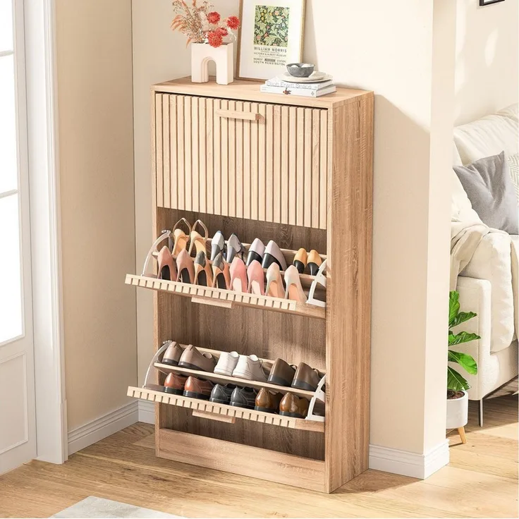 Furnishings Home Schuhschrank Schuhregal Step 2 Schuhständer Schuhkommode (1-St) Breite 60 cm, Tief 24 cm, mit 3 Klappen, Schuhkipper