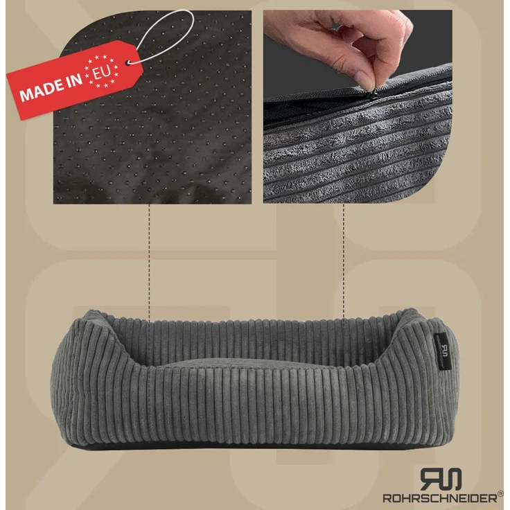 ROHRSCHNEIDER Hundebett - Cord, Hundekorb, Tierbett, Wendekissen, Bezug waschbar, rutschfest Grau 15x55x42cm – Bild 2