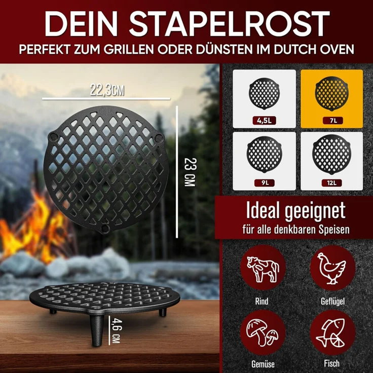 Stapelrost für 7 l Dutch Oven – Gusseisen Einsatzrost zum Grillen & Dünsten, hitzebeständig, ideal für Fleisch, Fisch & Gemüse – Bild 2