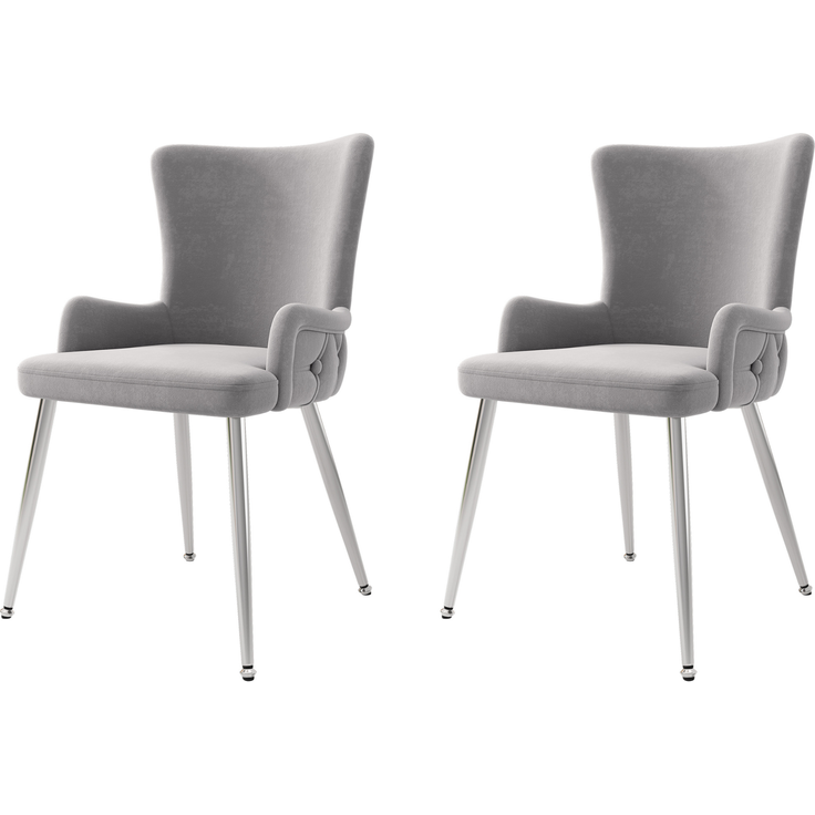 Merax Samt-Esszimmerstuhl, 2er-Set, luxuriöser Wohnzimmer-Schlafzimmer-Loungesessel mit vier silberfarbenen Metallstützbeinen, hellgrau