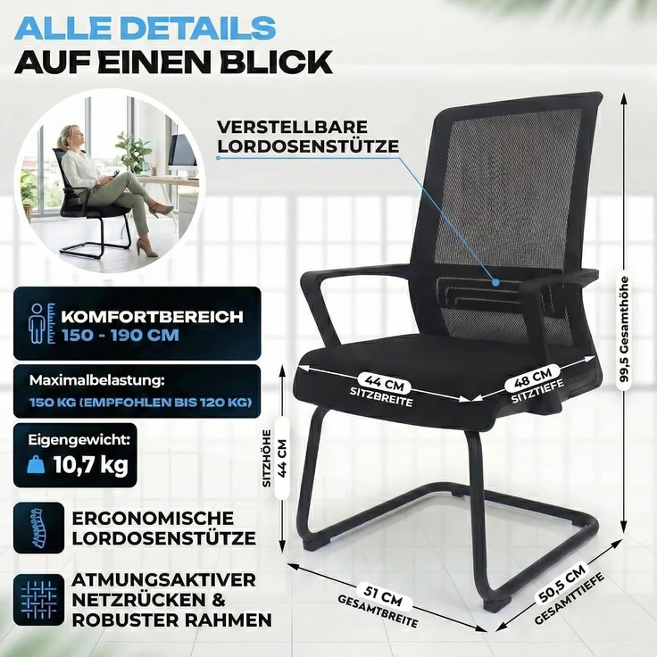 VALKENSTOL K1 - Besucherstuhl Freischwinger Schwarz mit Armlehne - Konferenzstuhl - Bürostuhl ohne Rollen - 1er Pack – Bild 2