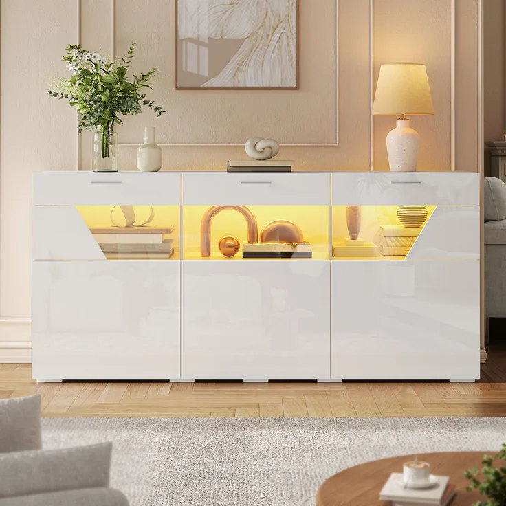 ZUBALIYA Sideboard 160x38x78 cm, mit LED-Beleuchtung, Hochglanz, mit 3 Türen, aus Spanplatte, Weiß – Bild 5