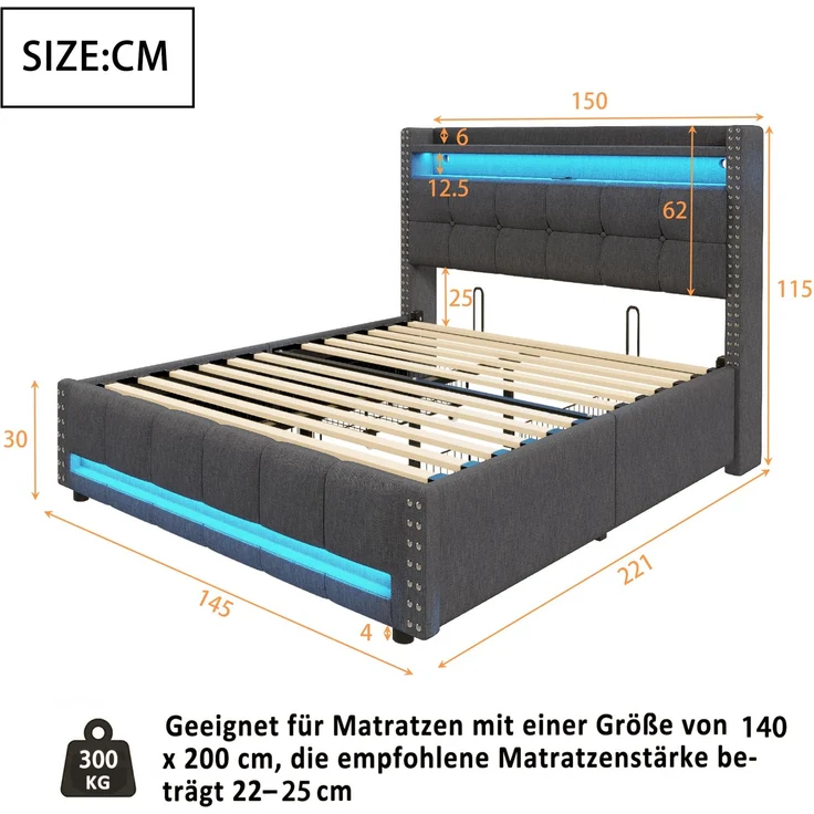 Polsterbett 140x200 mit LED-Beleuchtung, USB-Anschluss & Stauraum, graues Leinenbett mit Schublade,inklusive Taschenfederkern – Bild 8