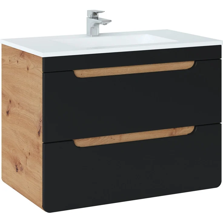 Badmöbelset in seidenmatt anthrazit mit Wotan Eiche Nb. NEW-LUTON mit 81 cm Keramik-Waschtisch & LED-Spiegel, B/H/T ca. 130/200/46 cm – Bild 10