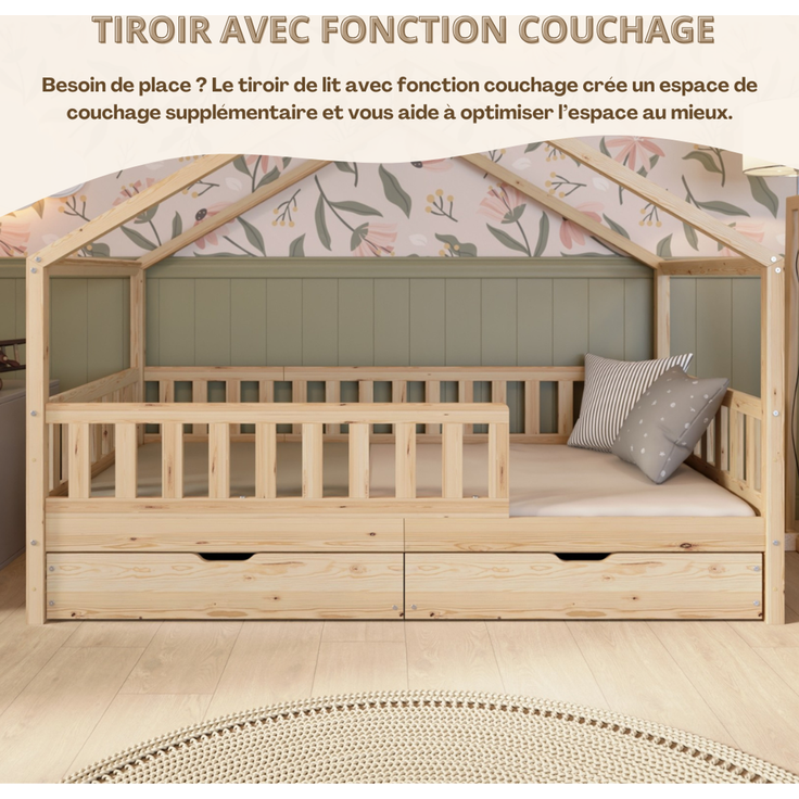 Crazy Pine 'Crazy House' Hausbett mit abnehmbaren Rausfallschutz, Naturholz, Natur, 80x160 cm, mit Ausziehbett – Bild 4