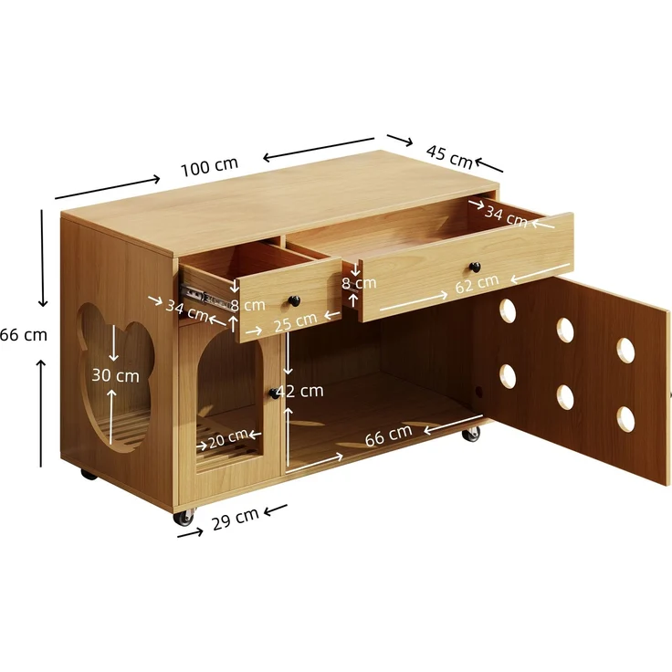 Katzenkloschrank (bewegliche Katzentoilette) – Katzenschrank/Katzenhaus mit abnehmbare Sandablassplatte, geruchsisoliert, ohne Katzenklo, 100×45×66 cm (Naturholzfarbe, Gelbmaplefarbe) – Bild 7