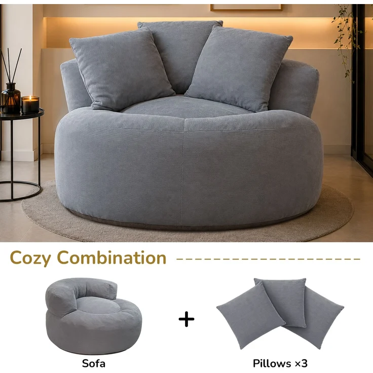 Wohnora – Übergroßer runder Sitzsack, gepolstert mit Cord, tiefe Sitzfläche, einzelnes Cloud Lounge-Sofa für Wohnzimmer, Schlafzimmer, Wohnung, H 65 cm x T 120 cm x B 120 cm, Grau – Bild 3