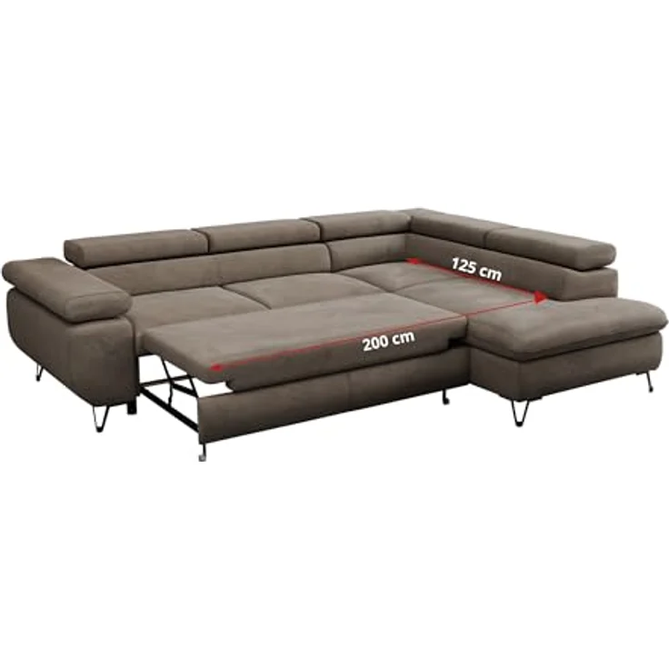 Mks Möbel 'Peter L-form' Ecksofa mit Bettfunktion, Bettkasten & einstellbaren Kopfstützen, Braun, Velours, rechts – Bild 7