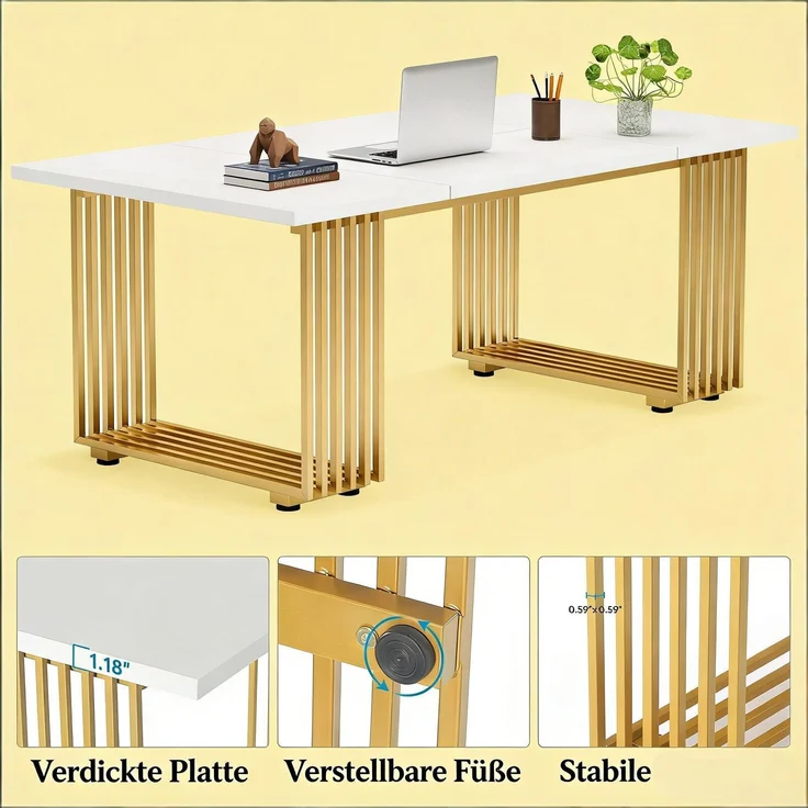 Klassischer Bürotisch,Eleganter Executive-Schreibtisch,Funktioneller Computer-Schreibtisch(nur Schreibtisch)--Gold + Weiß--180x79x79cm--YOUDENOVA – Bild 3