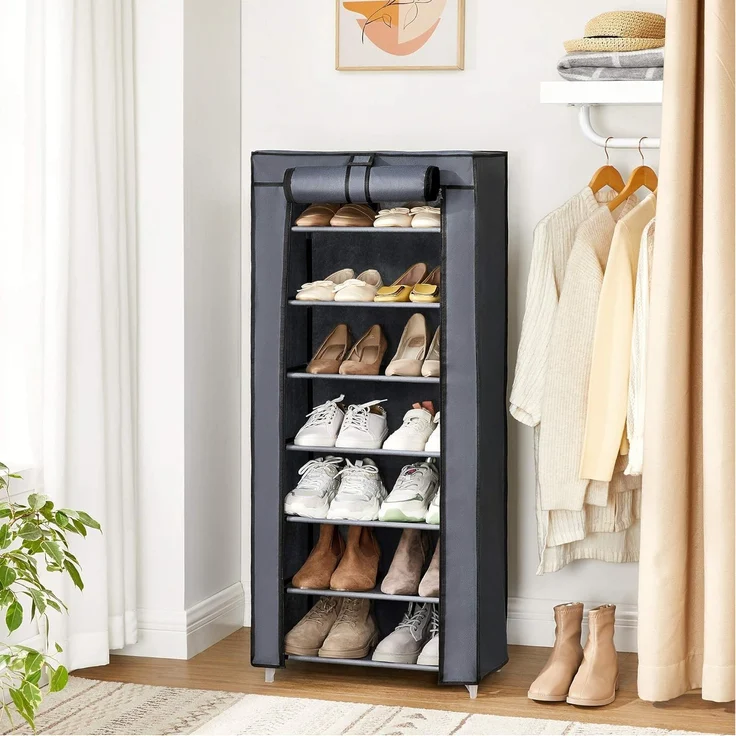 SONGMICS Schuhregal mit 7 Ebenen, 28 x 46 x 126 cm, Schuhschrank, Schuhaufbewahrung, mit staubdichtem Überzug, Schuh-Organizer, für High Heels, Sportschuhe, Metallgestell, grau RXJ024G02 – Bild 3