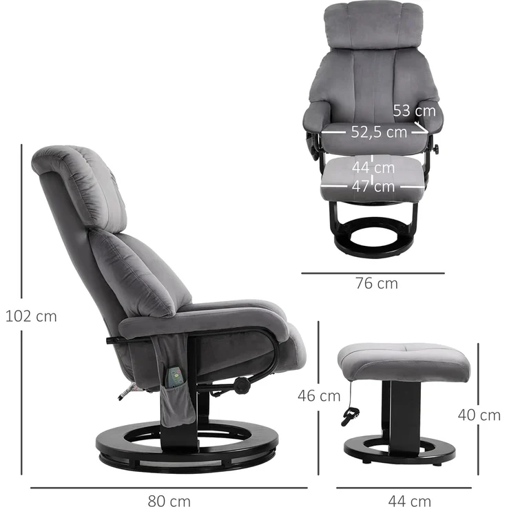 HOMCOM Massagesessel Fernsehsessel, Hocker, aus Kunstleder, Kann sitzen, um 360° drehen (Relaxliege, 2-St, Massagestuhl), für Wohnbereich, Grau – Bild 3