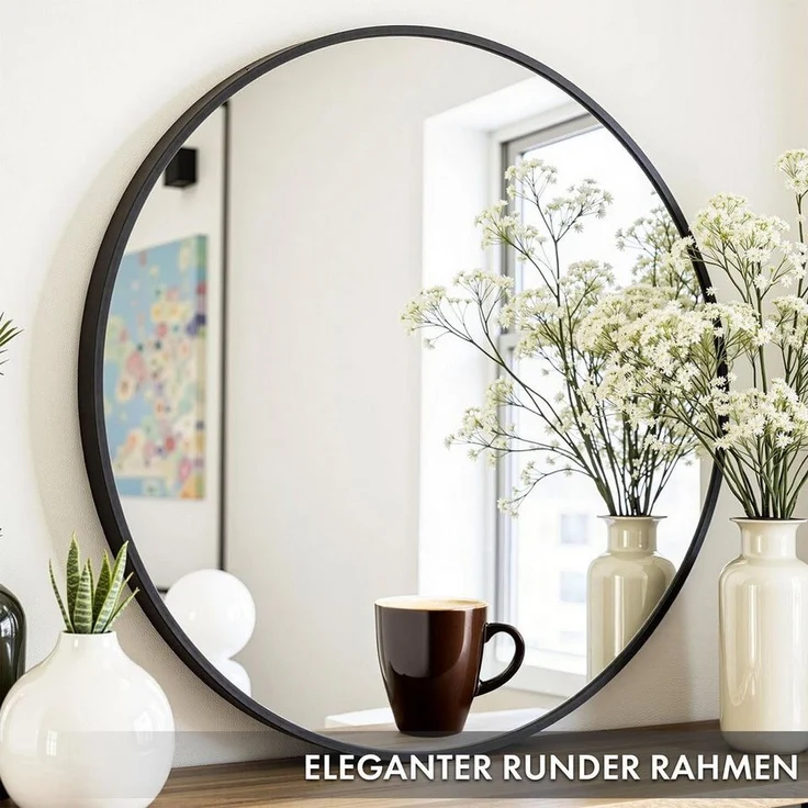 Floordirekt Wandspiegel Bella, Runder Spiegel mit schwarzem Aluminiumrahmen, in 3 Größen (Kristallklar & Rostfrei, 1-St, 50cm Durchmesser), Anti-Glasspliter Folie für mehr Sicherheit, mit Montagematerial – Bild 1