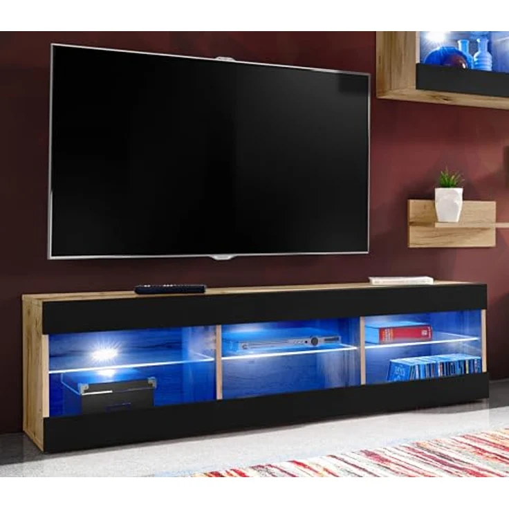 Komodee Wohnzimmerset Tivoli Grande, Eiche Wotan, Schwarz, 9 Fächer, rechteckig, 250x159x35 cm – Bild 6