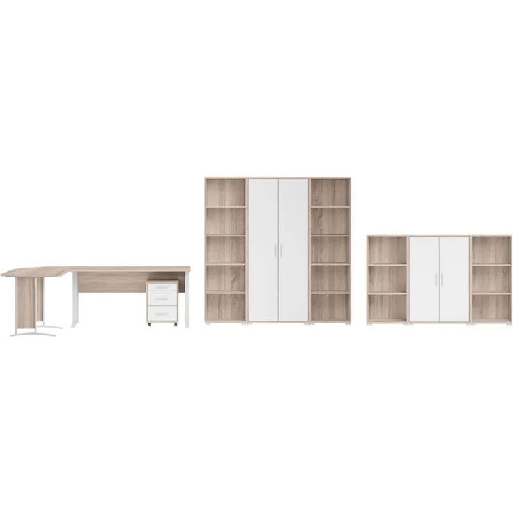 moebel-dich-auf Büromöbel-Set OFFICE LINE, (Komplett-Set, 8-tlg, Winkelschreibtisch mit Rollcontainer + 2 Aktenschränke + 4 Aktenregale), in Eiche Sonoma / Weiß