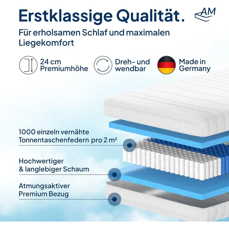 AM Qualitätsmatratzen 1000 Federn 7-Zonen Taschenfederkernmatratze 70x200 cm - 24 cm Premiumhöhe - 1.000 Federn Matratze 70x200 cm - H2 – Bild 3