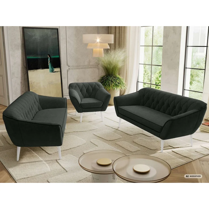 Wohnzimmerset, Möbelset PIRS 3-3-1, Armlehnen, Wellenfederung, weiße Füße, Dreisitzer Sofas mit Sessel, Polstermöbel Set - Dunkelgrau Stukture – Bild 5