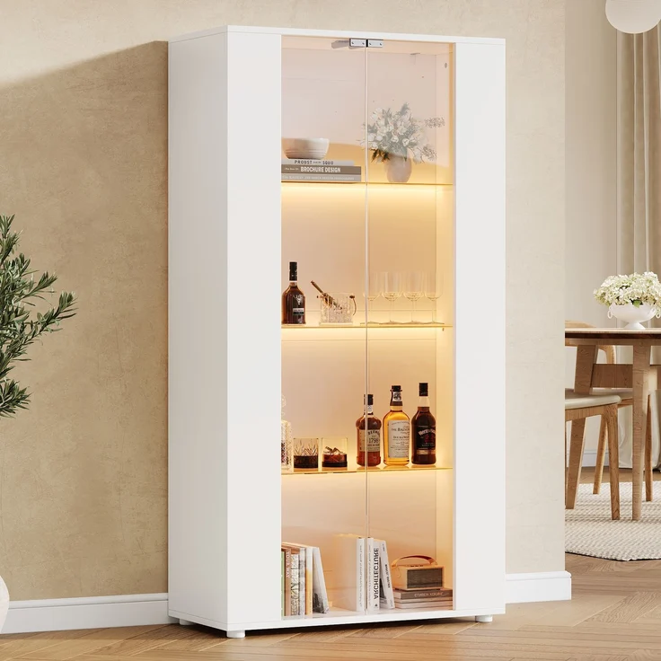 Vitrinenschrank mit 2 Glastüren, 4 Ablageflächen und verstellbarer LED-Beleuchtung – modernes Design für Wohnzimmer,Weiß,80×36×150cm – Bild 7