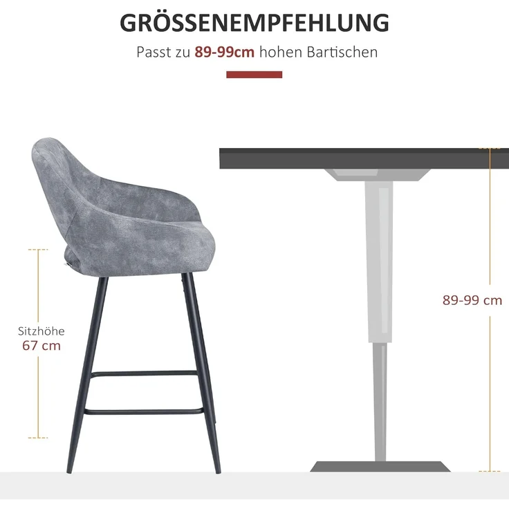 HOMCOM Barhocker Bistrohocker mit Fußstütze (Thekenhocker, 2 St, Barstühle), Stahl Grau 50 x 53 x 94 cm – Bild 3