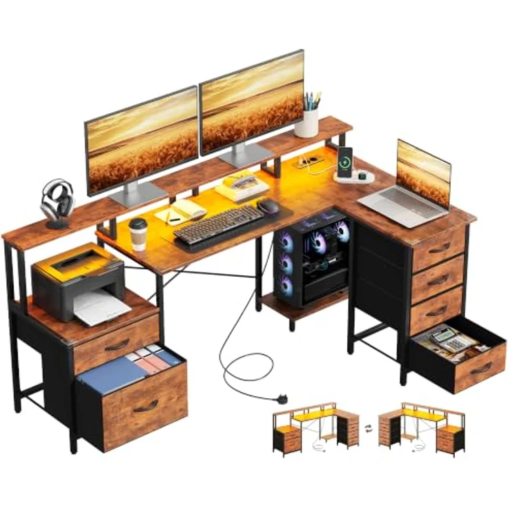 IRONCK Schreibtisch L Form Gaming Tisch mit LED & Steckdosen 2AC+1USB+1C, 189x100cm Eckschreibtisch mit 6 Schubladen&Monitorständer, Reversible Computertisch mit Stauraum für Home Office Vintagebraun – Bild 1