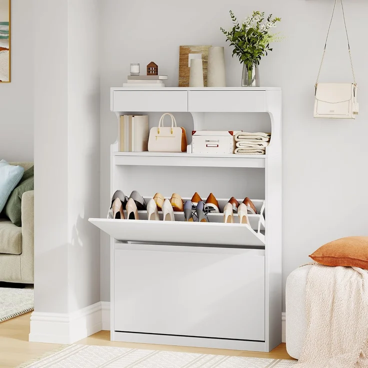 Schuhschrank mit 2 Klappen, Schuhregal Schuhkipper Schmal, 4 Fächern, Verstellbar, 16 Paar, Schuhaufbewahrung für Eingang, Flur, Garderobe, 80 x 24.5 x 124.5 cm Weiß – Bild 1