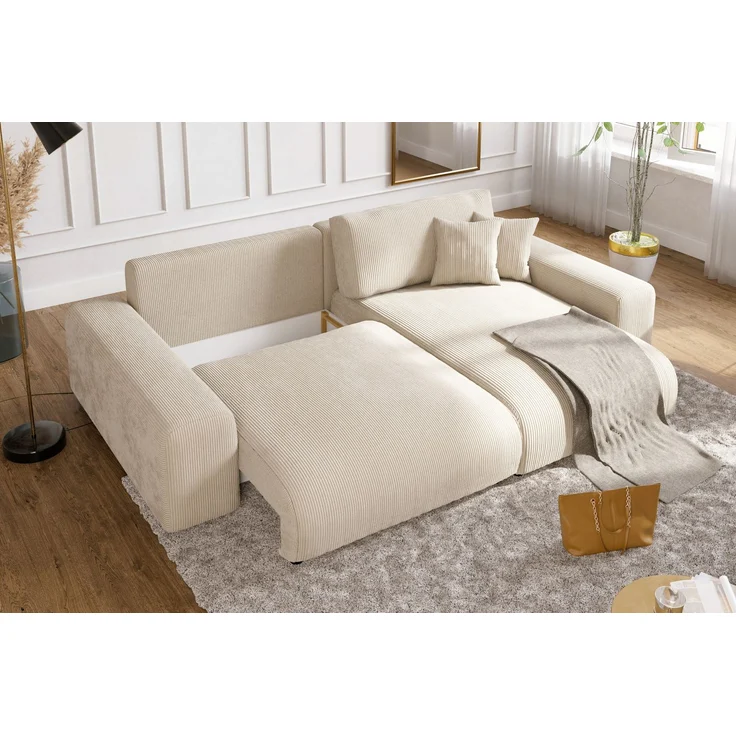 Ecksofa Schlaffunktion ausziehbar Bettkasten Polsterecke L-Couch in Cord Beige – Bild 4