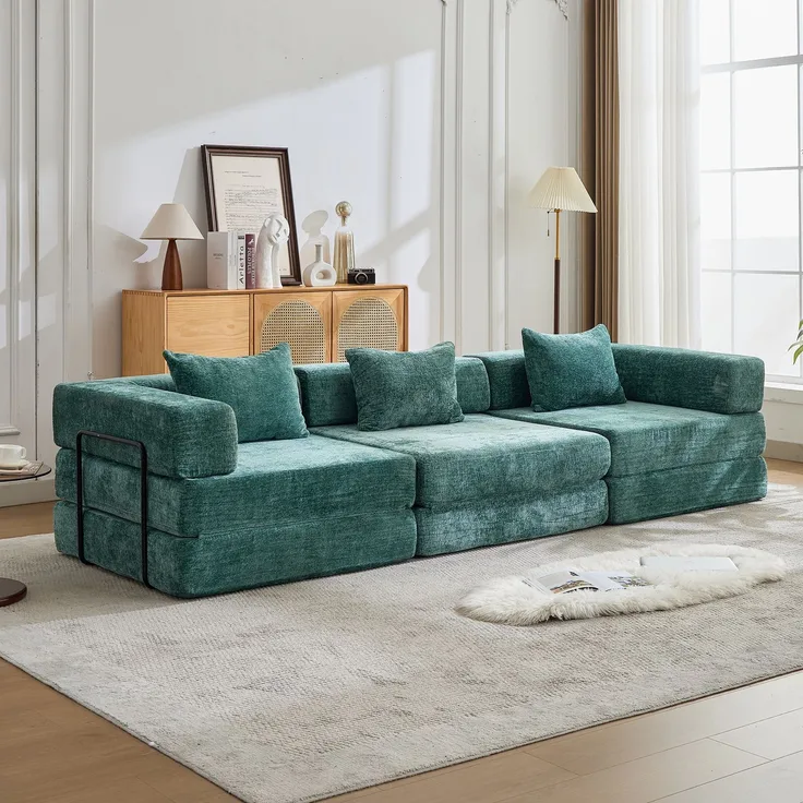 3-Sitzer Schlafsofa B 300 x T 100 x H 63 cm aus Chenille, dunkelgrün