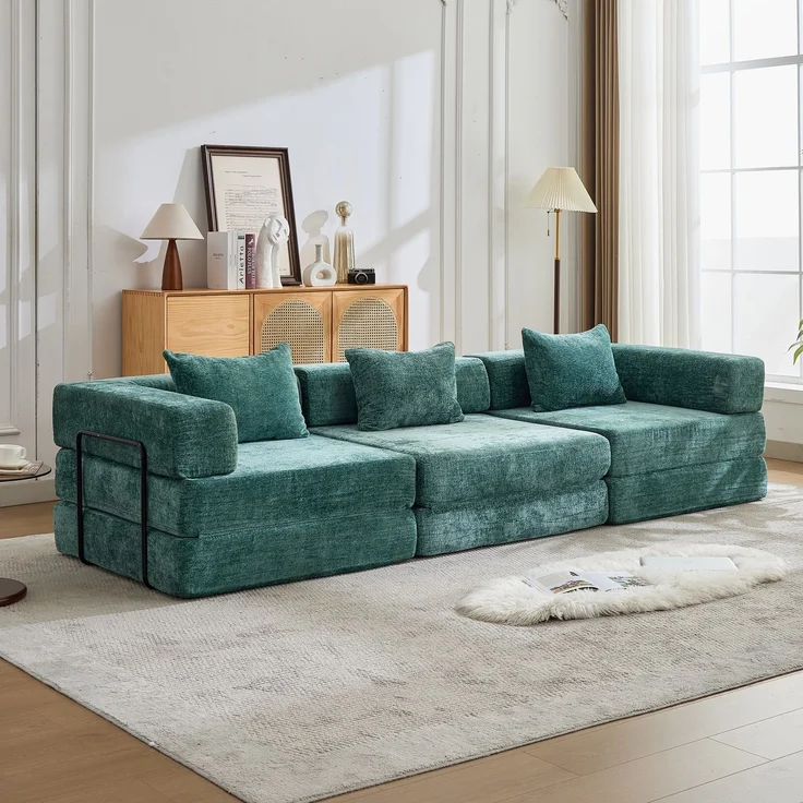3-Sitzer Schlafsofa B 300 x T 100 x H 63 cm aus Chenille, dunkelgrün – Bild 1
