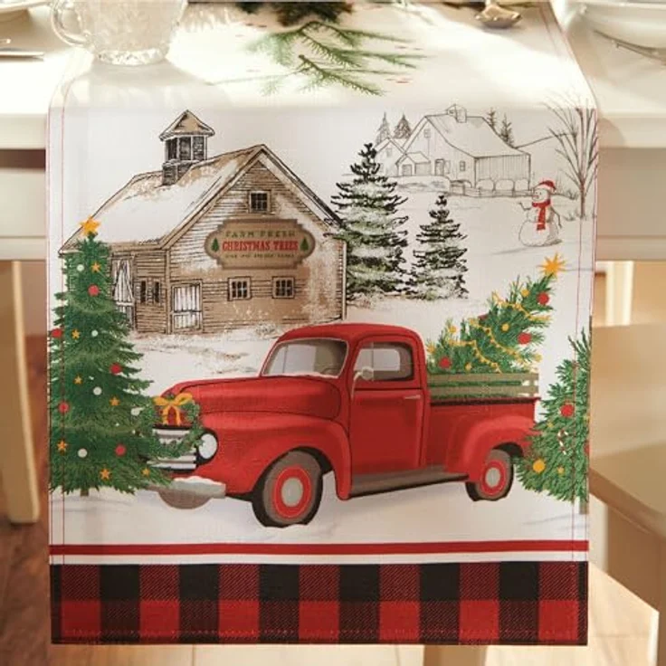 Elrene Home Fashions Vintage Christmas Tree Farm Tischläufer, Mehrfarbig, 13"x70" (Table Runner) – Bild 7