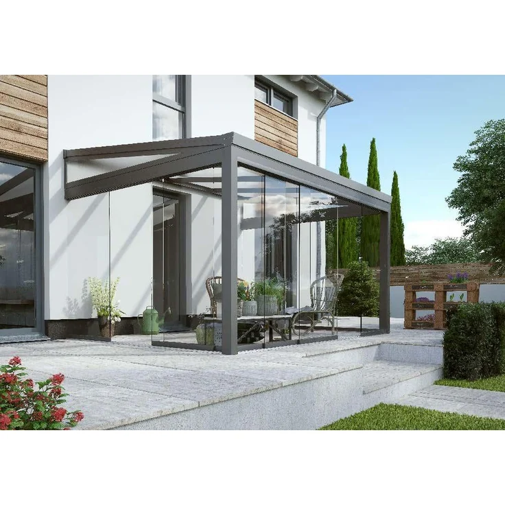 Terrando Gartenzimmer Basic mit Glasschiebewänden Wintergarten aus Metall in Grau Terrassenüberdachung Glasanbau – Bild 4