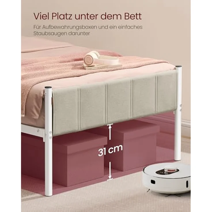 VASAGLE Einzelbettgestell, Bettgestell, 90x200 cm, mit gepolstertem Kopfteil, Bettrahmen, Stahl, trägt bis zu 250 kg, einfache Montage, cappuccinobeige RMB972LH01 – Bild 7