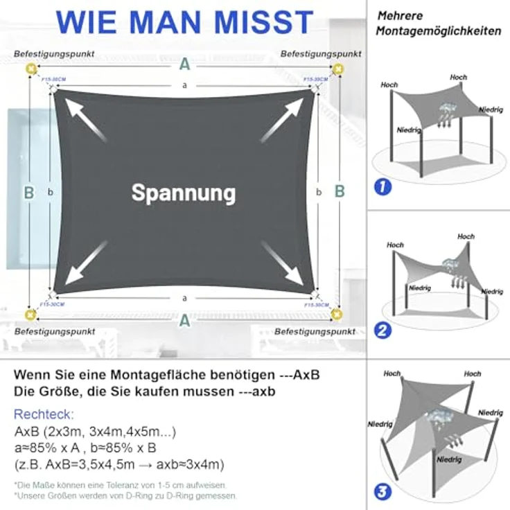 LOVE STORY Sonnensegel Wasserdicht 3x4 m Rechteckig PES Polyester Sonnenschutz Windschutz Balkon Terrasse 95% UV-Schut,für Balkon Garten,Anthrazit – Bild 6