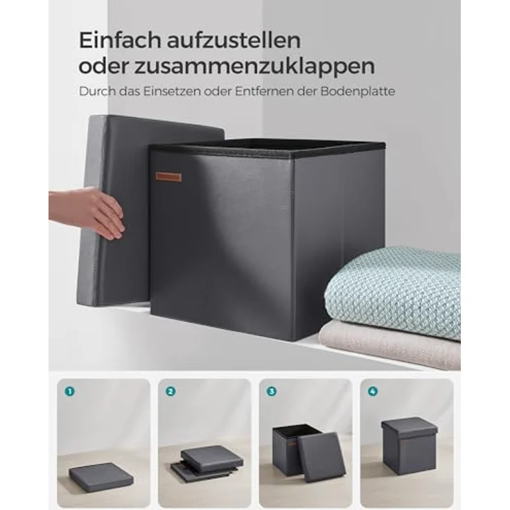 SONGMICS Sitzhocker 38 cm, Aufbewahrungsbox faltbar, Fußhocker mit Deckel, aus Kunstleder, bis 300 kg belastbar, für Eingang, Wohnzimmer, Schlafzimmer, schiefergrau LSF010G01 – Bild 8