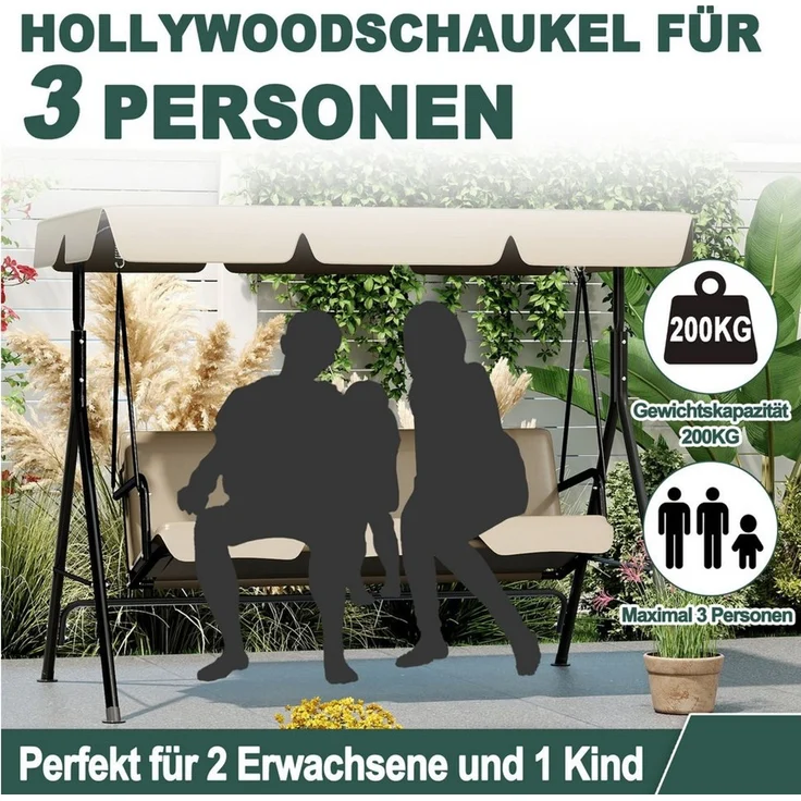 FIVMEN Hollywoodschaukel Gartenschaukel 3-Sitzer Gartenliege Schaukelbank Garten Schaukel, 193 x 110 x 152 cm, Metall Hängeschaukel mit Verstellbarem Sonnendach Liegefunktion – Bild 2