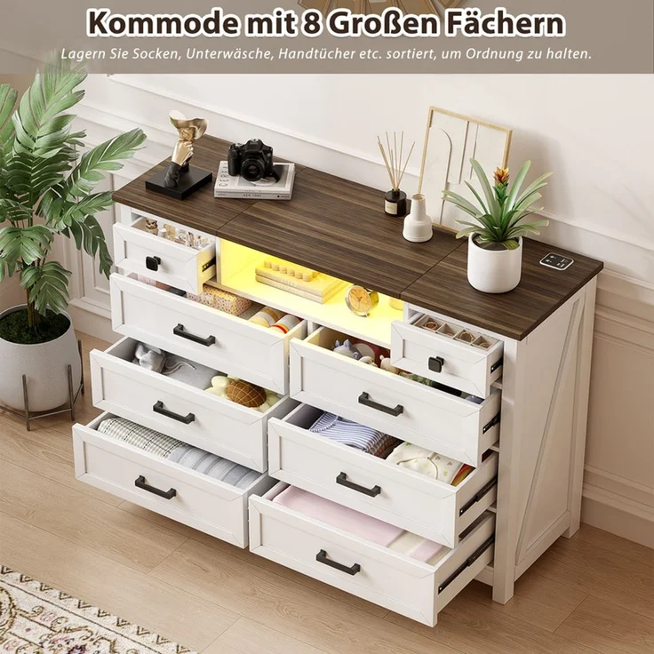 Schubkastenkommode 8 Schubladen mit LED-Spiegel, Ladestation und umkehrbarem Spiegel, Weiß & Braun – Bild 6