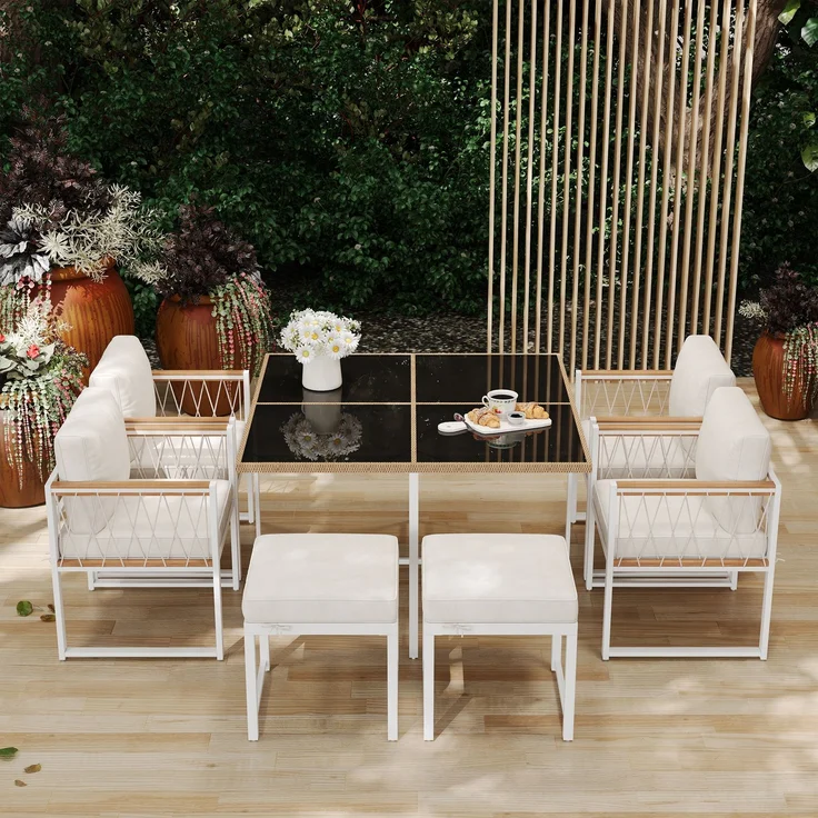 LVHOM 7-tlg. Garten-Essgruppe, Gartenmöbel Set mit Kissen, Gartenlounge-Set Akazie, Sitzgruppe Polyrattan, Loungeset Balkonset für 6 Personen – Bild 3
