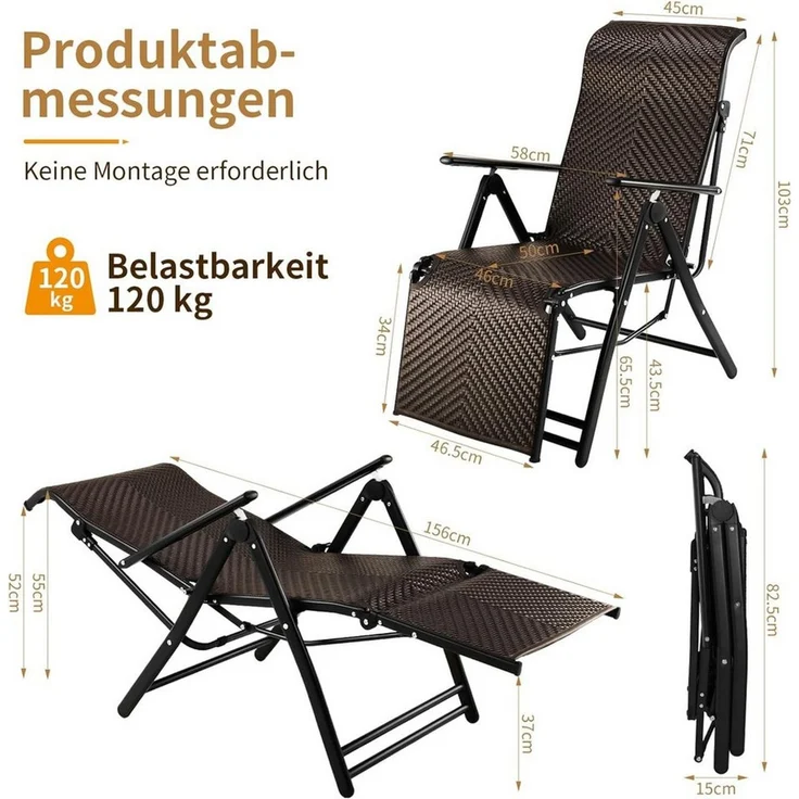 TLGREEN Rattanstuhl Rattan Klappliegestuhl 3-fach faltbar mit Fußstütze (7-fach verstellbare Rückenlehne Wetterfester), Gartenliege aus PE-Rattan&Aluminiumrahmen, Sonnenliege für Balkon – Bild 1