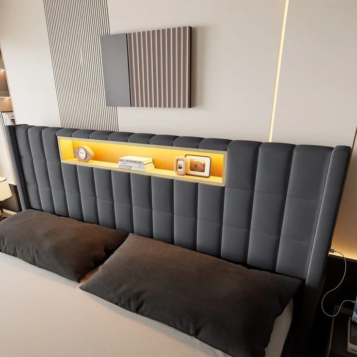 Polsterbett 180x200 cm mit LED-Beleuchtung, USB-Anschlüssen und Bettkasten – Ohne Matratze – Bild 9
