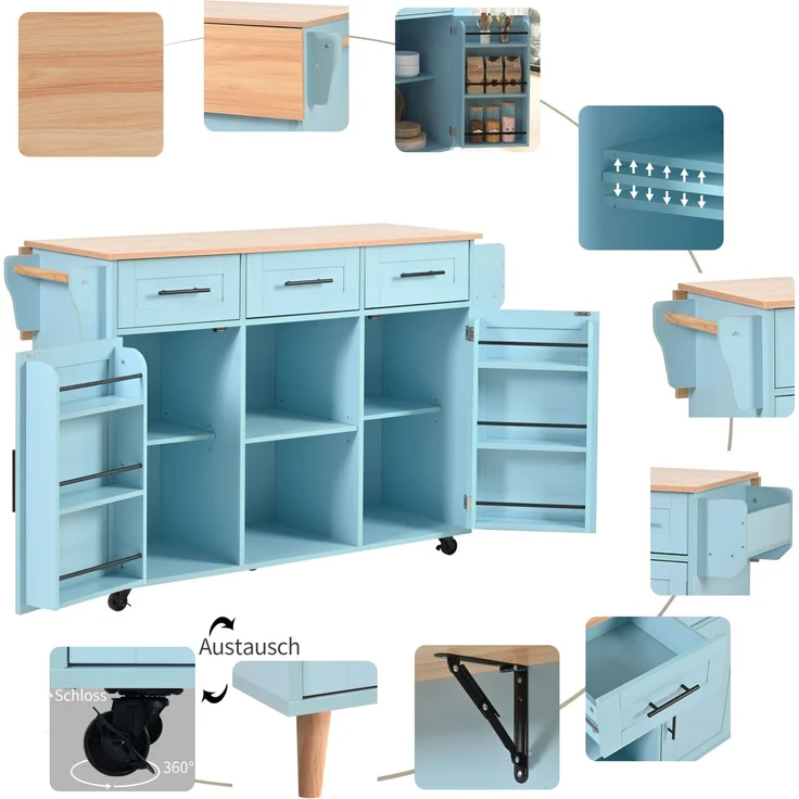 Küchenwagen 139x46(71)x91,5 cm mit klappbarer Tischplatte, Schubladen und Rollen – Blau – Bild 9
