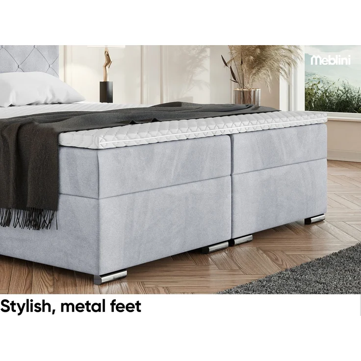 MEBLINI Boxspringbett MALDINI 180x200cm - H3B/Hellgrau Samt - mit Bettkasten - Polsterbett - Doppelbett mit Topper & Bonellfederkern-Matratze – Bild 6